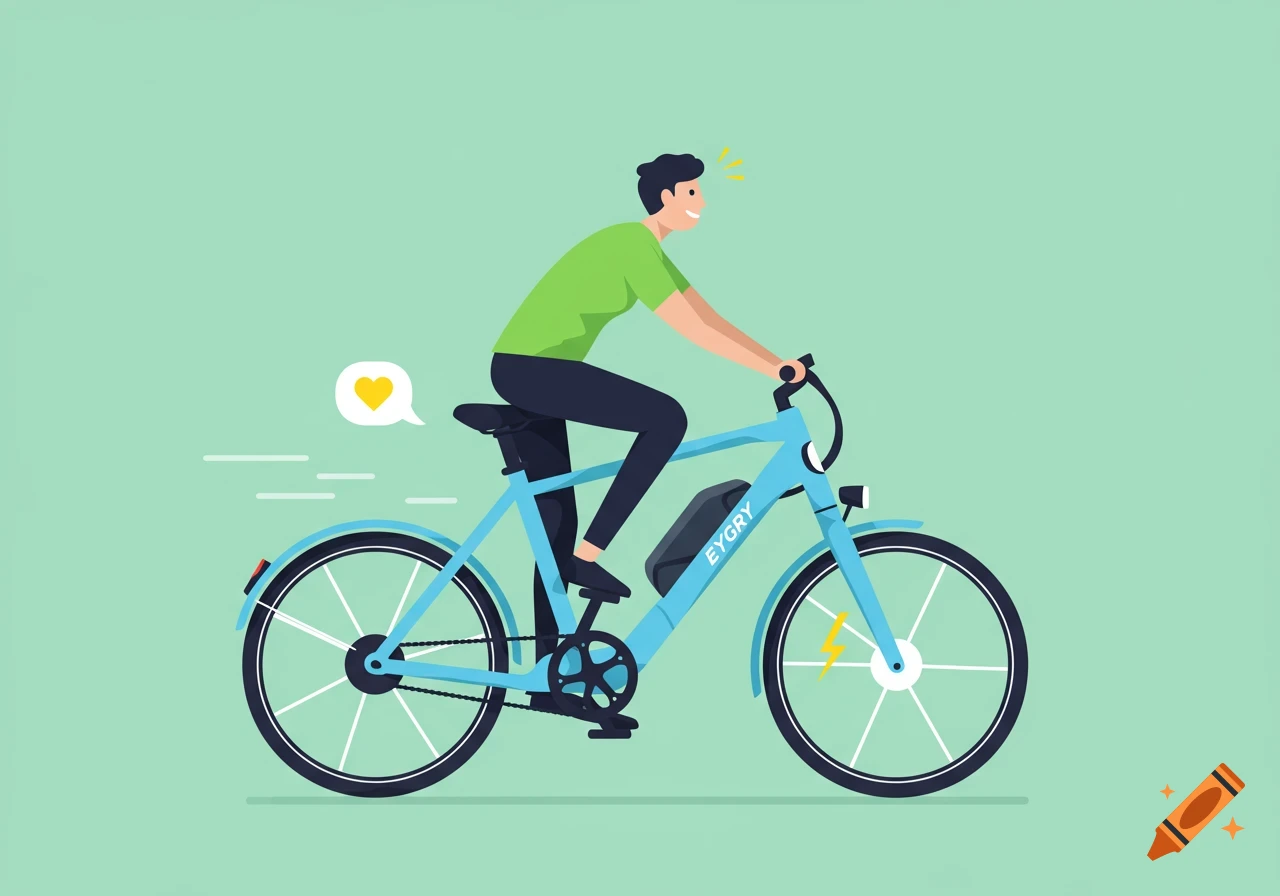 A smiling man rides a modern blue electric bicycle with a heart icon and lightning bolt symbol, in a clean, flat illustration style.