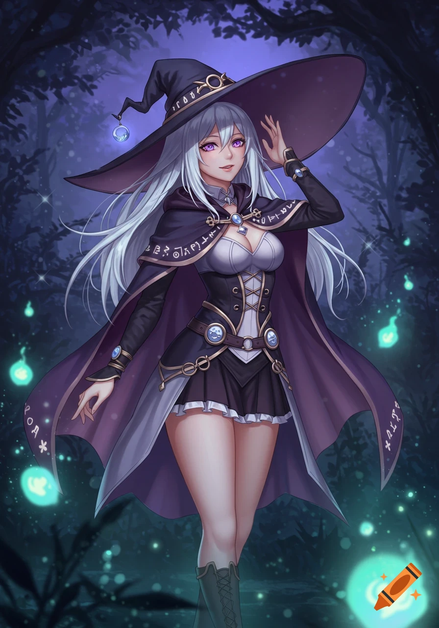 An anime witch with long silver hair, purple eyes, a wide-brimmed hat, and a dark cape stands in a glowing forest.