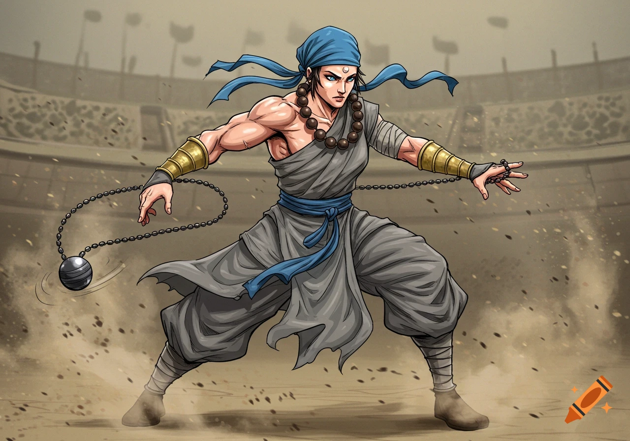 A muscular female monk in grey robes, blue headscarf, and golden bracers wields an iron ball on a chain in a dusty arena, manga style.