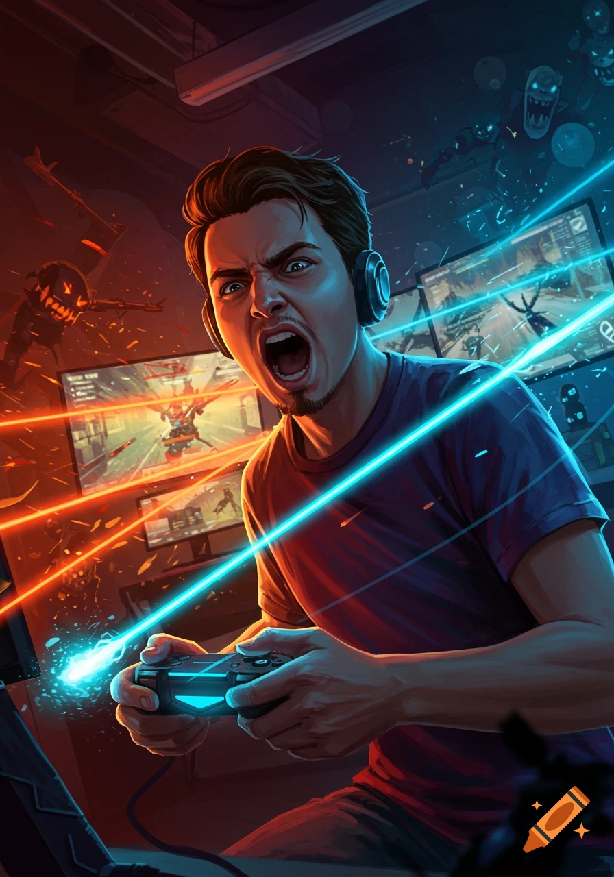 An intense male gamer yells, holding a glowing controller with lasers, playing a vibrant video game with monsters on multiple screens.