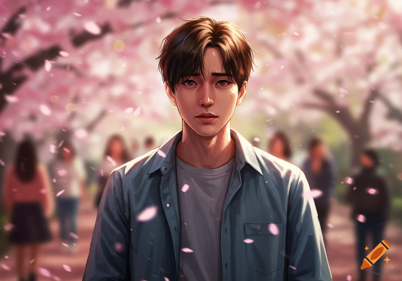 Anime-style portrait of a young man with brown hair in a denim shirt, standing amongst falling pink cherry blossoms.