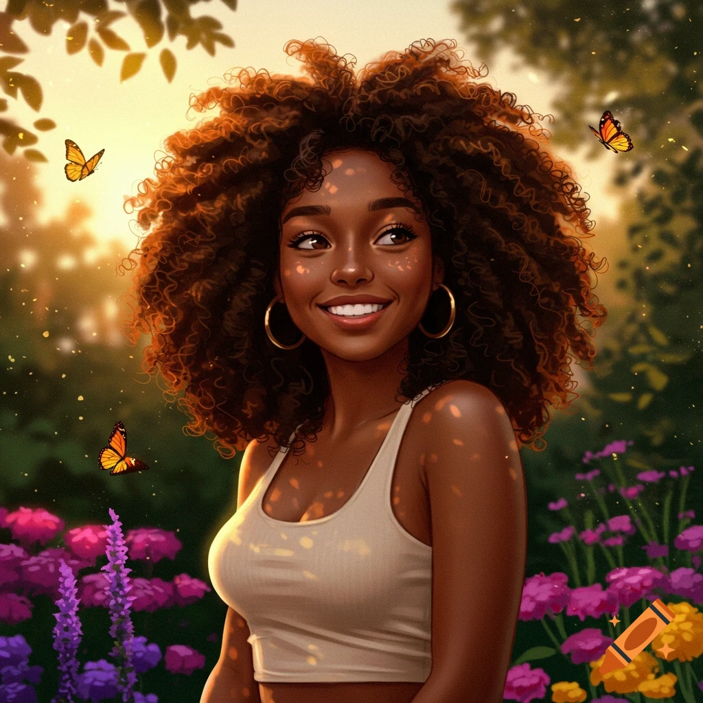 An illustrated portrait of a smiling Black woman with curly hair, wearing a tank top, surrounded by butterflies and flowers in a sunny garden.