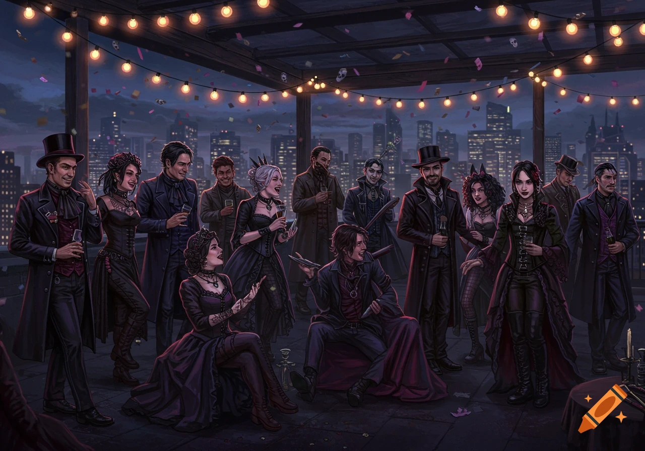 A diverse group of goths celebrates on a city rooftop at night, surrounded by string lights, confetti, and a cityscape.