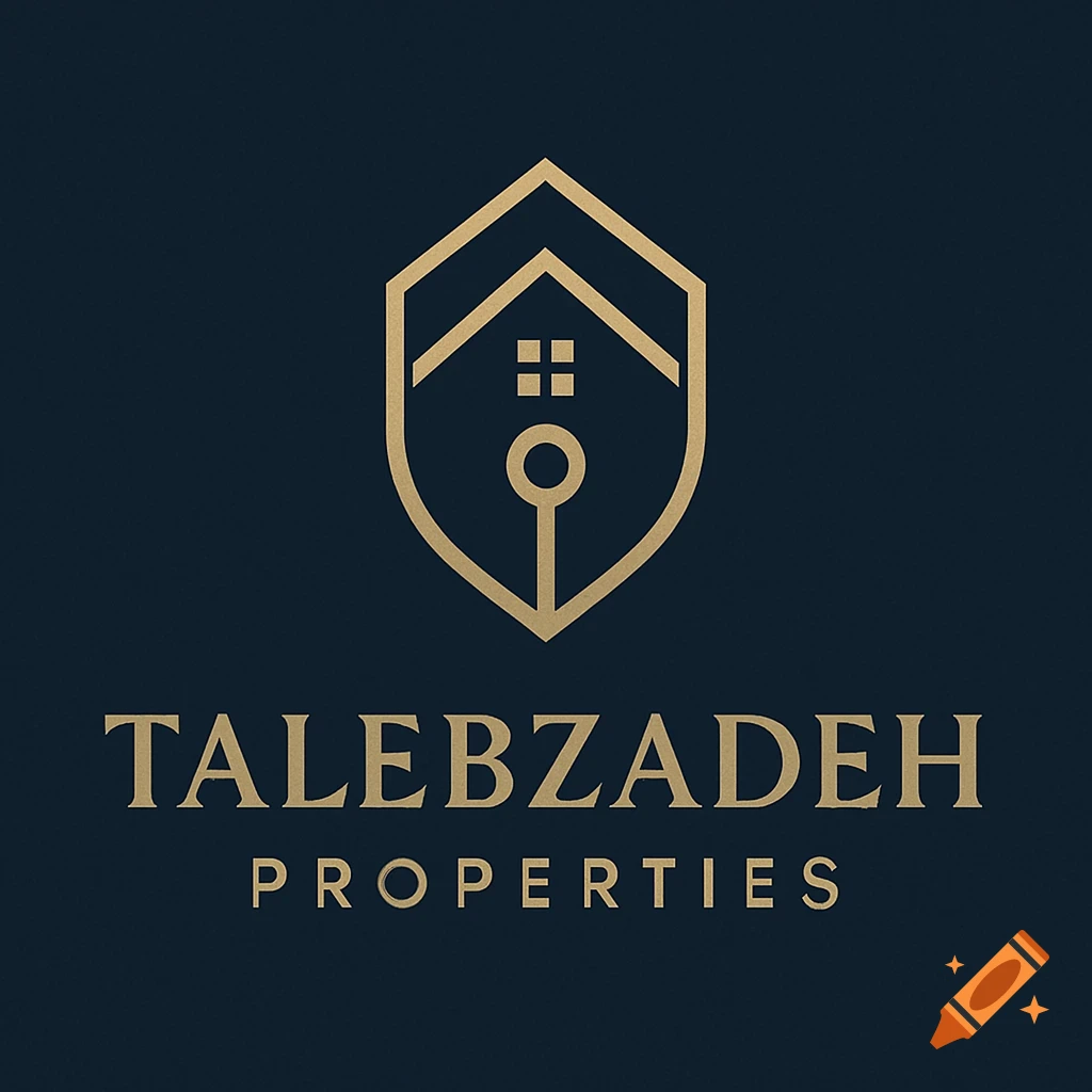 A golden shield-shaped logo with a house and key icon above 'TALEBZADEH PROPERTIES' text, all on a dark blue background.