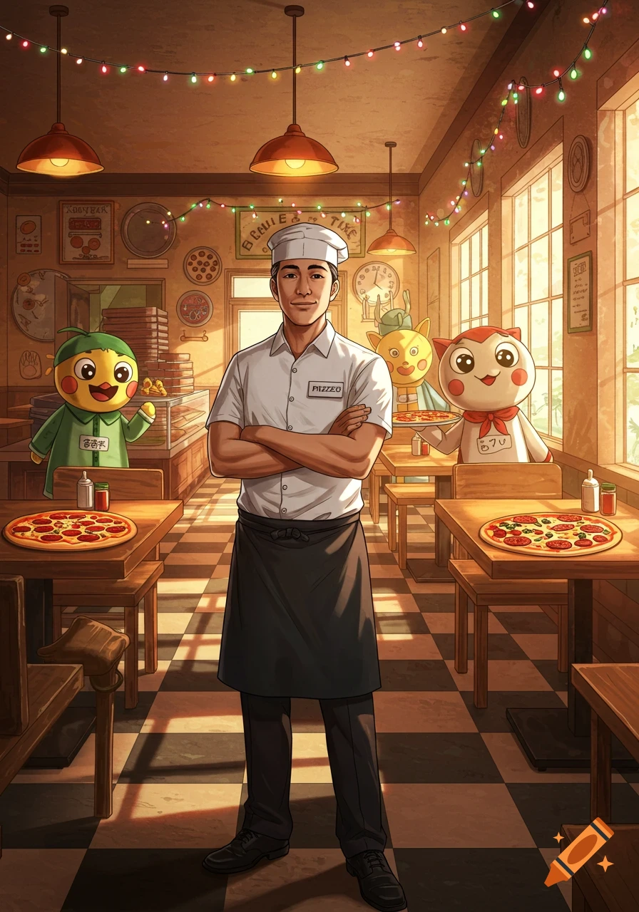 A smiling pizzeria manager with crossed arms stands in a warmly lit restaurant, flanked by two friendly cartoon mascots. Pizzas are on nearby tables, in a realistic manga style.