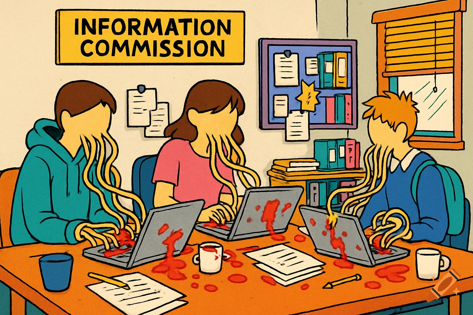 Three cartoon students with noodle hands and faceless heads type on laptops, splattering red sauce on a desk in an office.