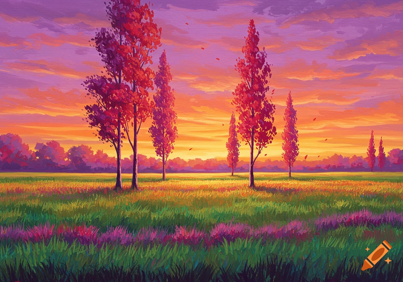 A vibrant, painterly landscape depicting red-leafed trees in a grassy field under a dramatic purple and orange sunset sky.