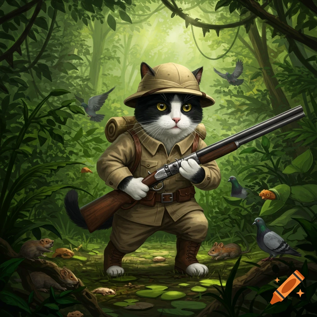 A cartoon tuxedo cat in safari gear and pith helmet holds a shotgun, stalking rodents and pigeons in a lush jungle.