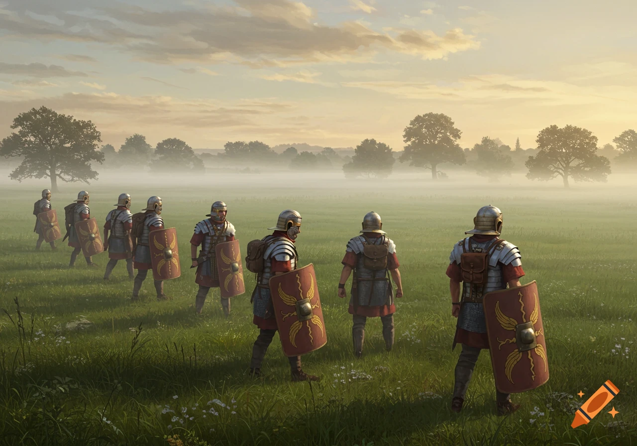 Roman soldiers with shields and backpacks march in a column through a misty green field with trees at sunrise in a painted style.