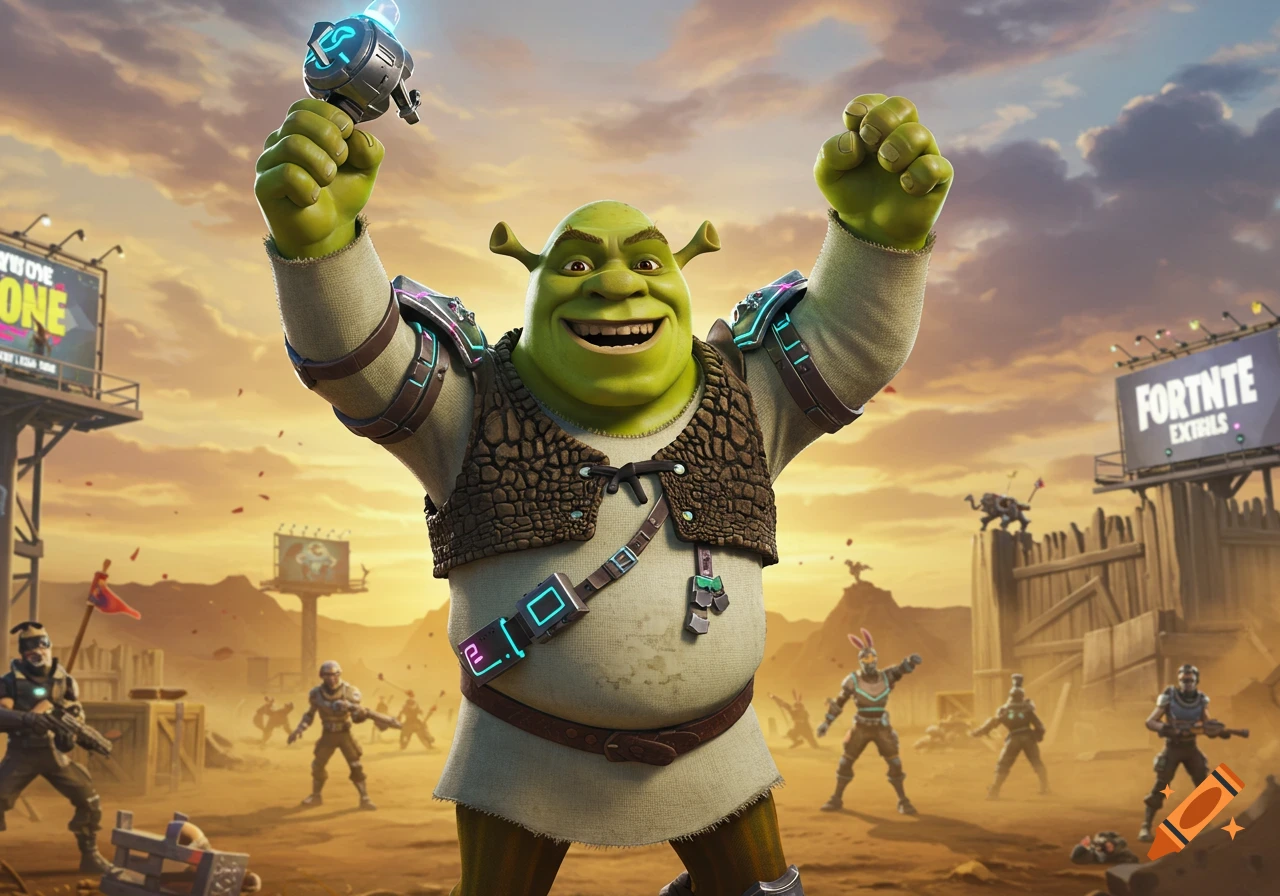 Shrek in a desert Fortnite battleground, holding a glowing device and raising his arms in a triumphant pose amidst other characters and billboards.