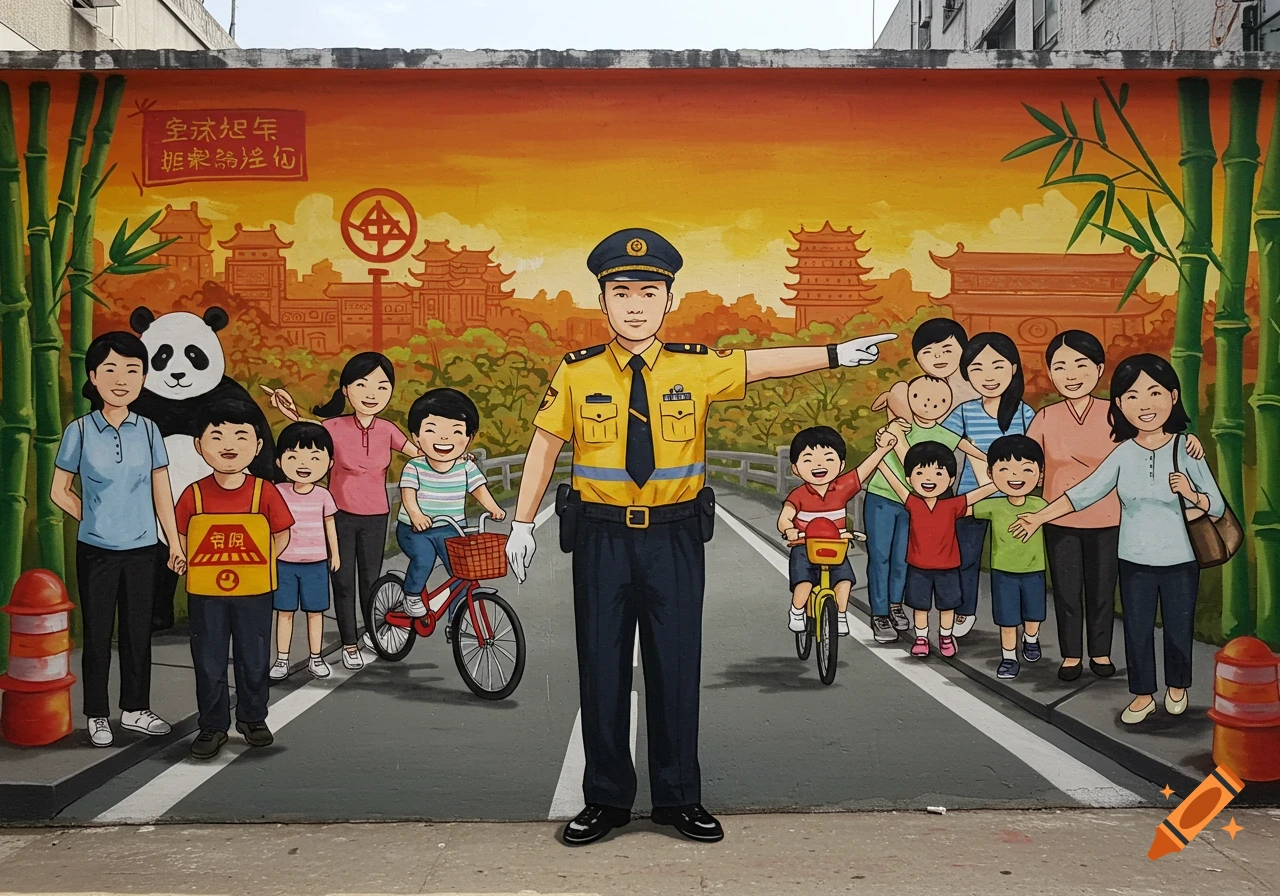 A colorful cartoon mural depicting a Chinese traffic police officer pointing, surrounded by happy families with children on bikes, a panda, and traditional Chinese buildings in the background. Green bamboo frames the sides.