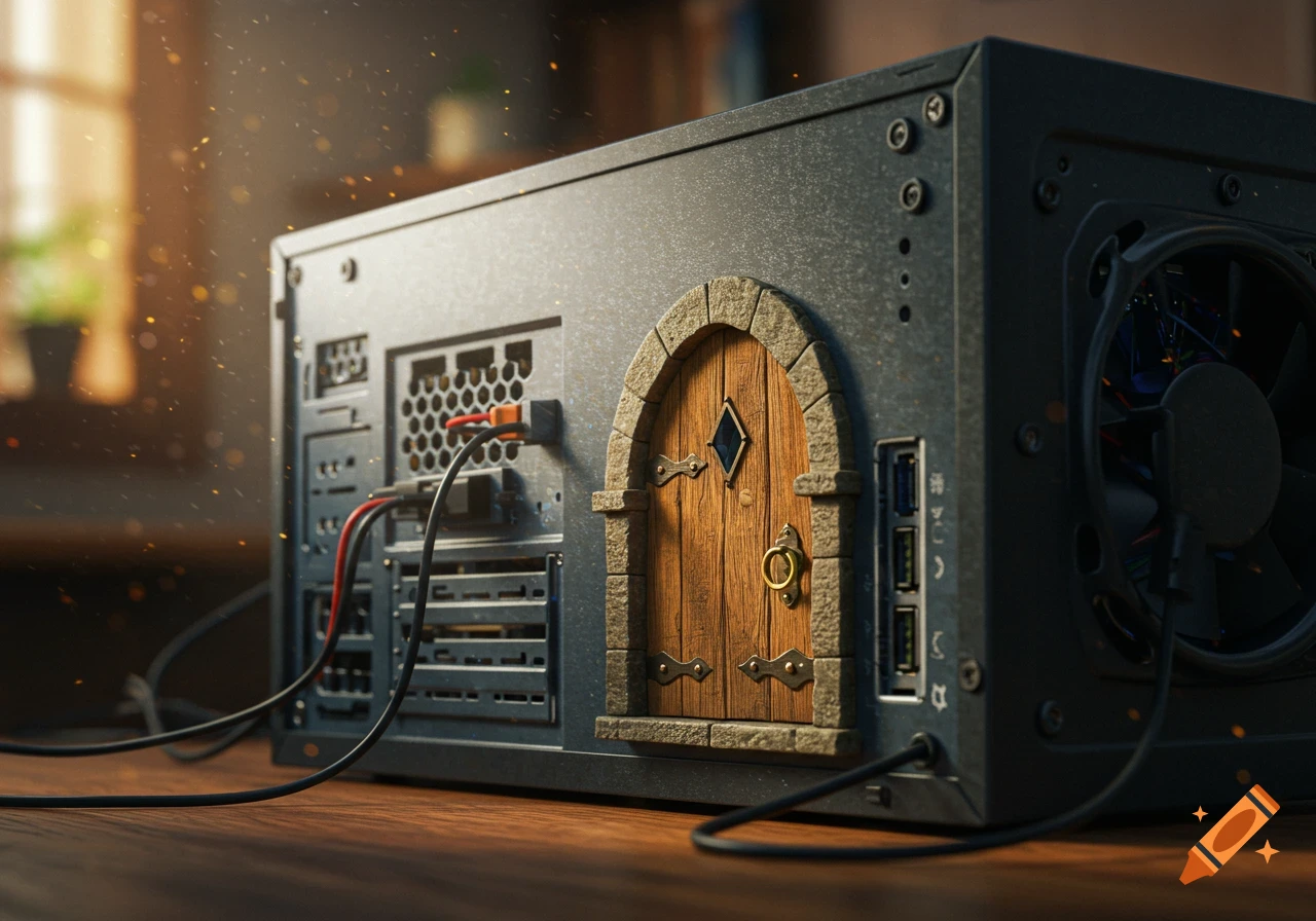 Photorealistic image of the back of a desktop computer with an arched wooden fantasy door built into its side, sitting on a wooden desk.