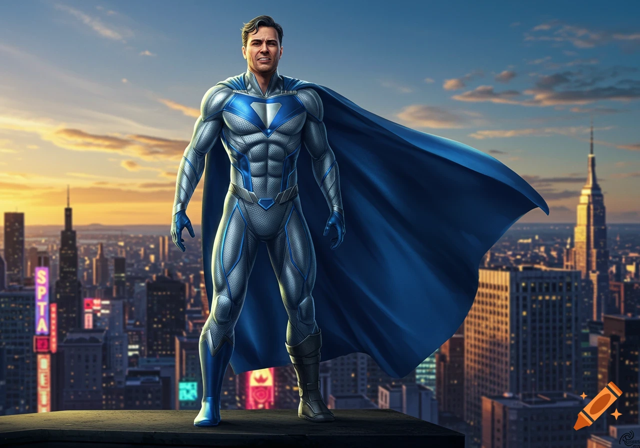 A muscular male superhero in a silver and blue suit with a flowing blue cape stands heroically on a skyscraper rooftop overlooking a vibrant city skyline at sunset.