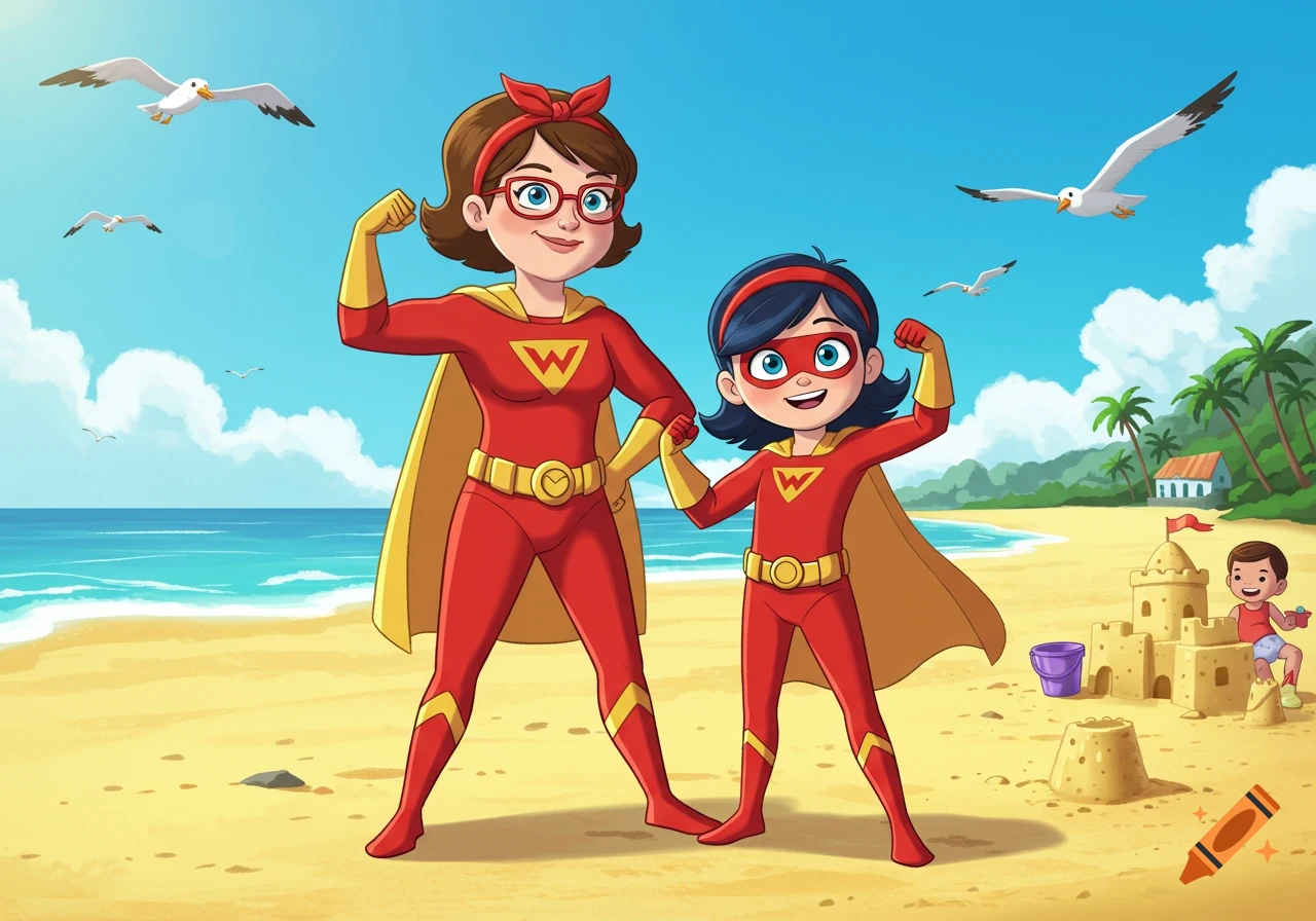 A cartoon mother and daughter superheroes in red and yellow suits flex their muscles on a sunny beach with sandcastles and seagulls.
