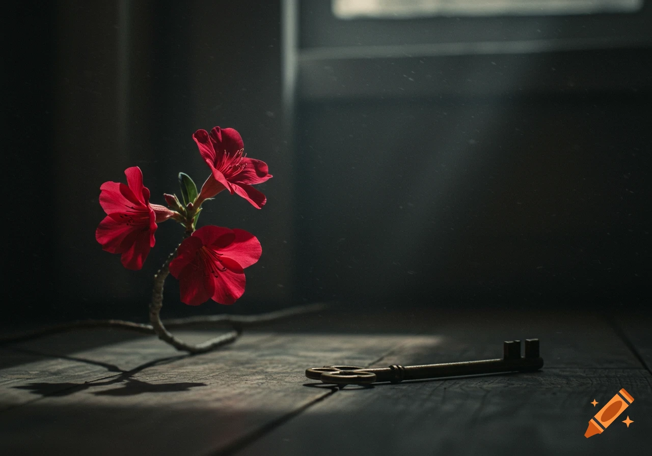 Three vibrant red flowers and an old brass key lie on a dark wooden surface, bathed in a moody light.