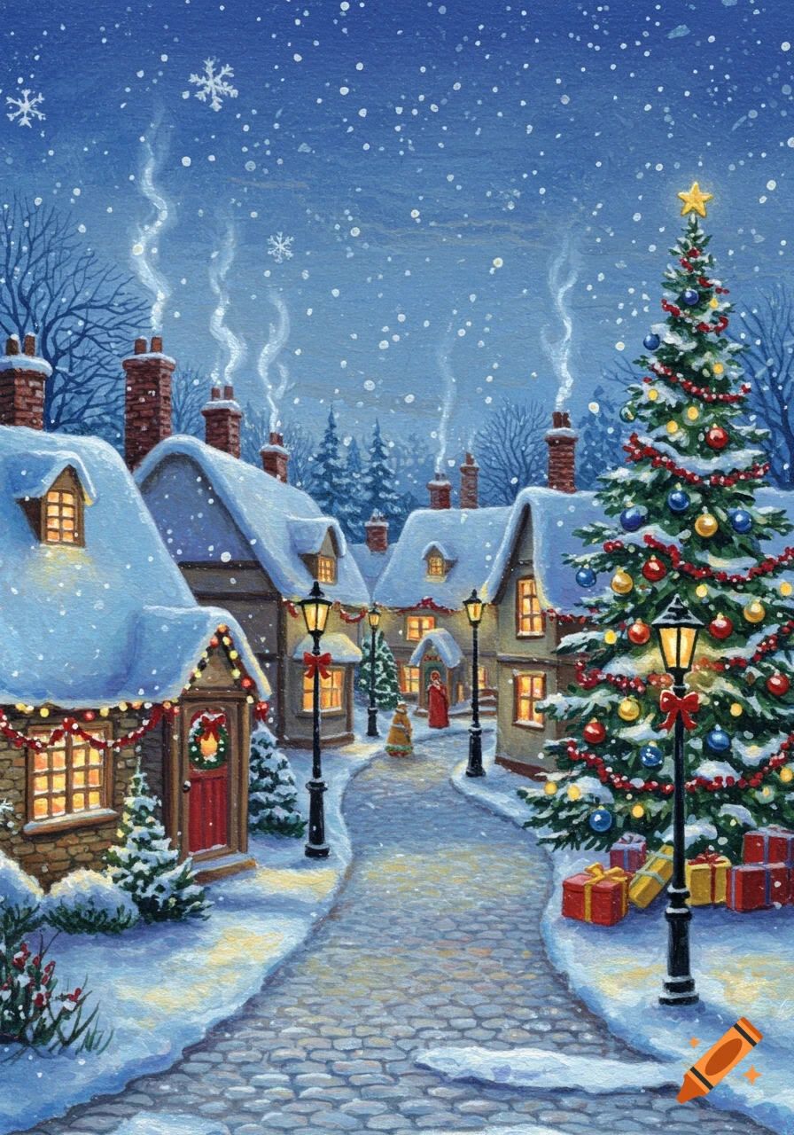 A snowy vintage village decorated for Christmas, with glowing windows, street lamps, and a large Christmas tree, in a watercolor painting style.