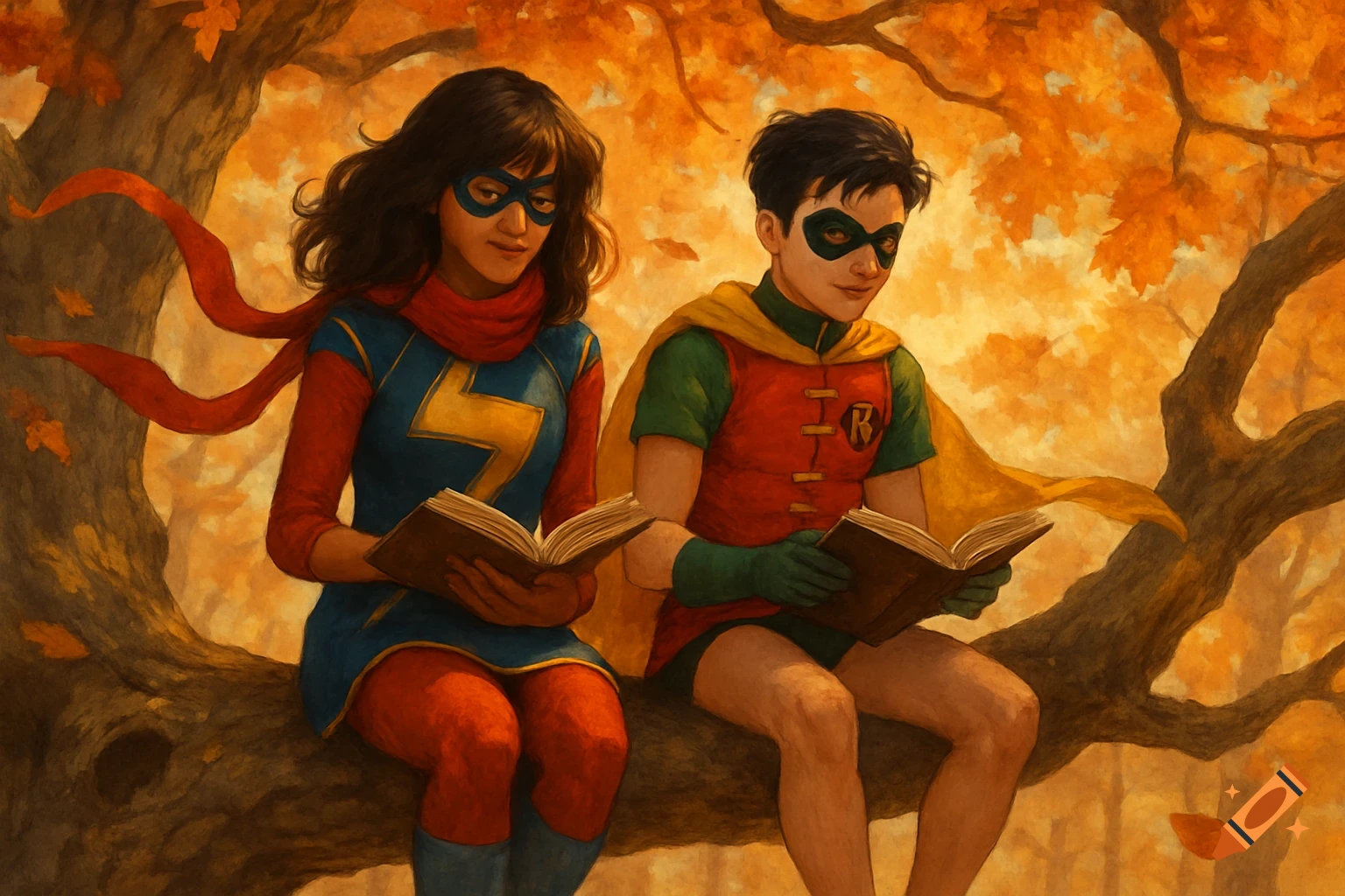 Miss Marvel and Robin sit on a tree branch, reading books, surrounded by autumn leaves in a painted style.
