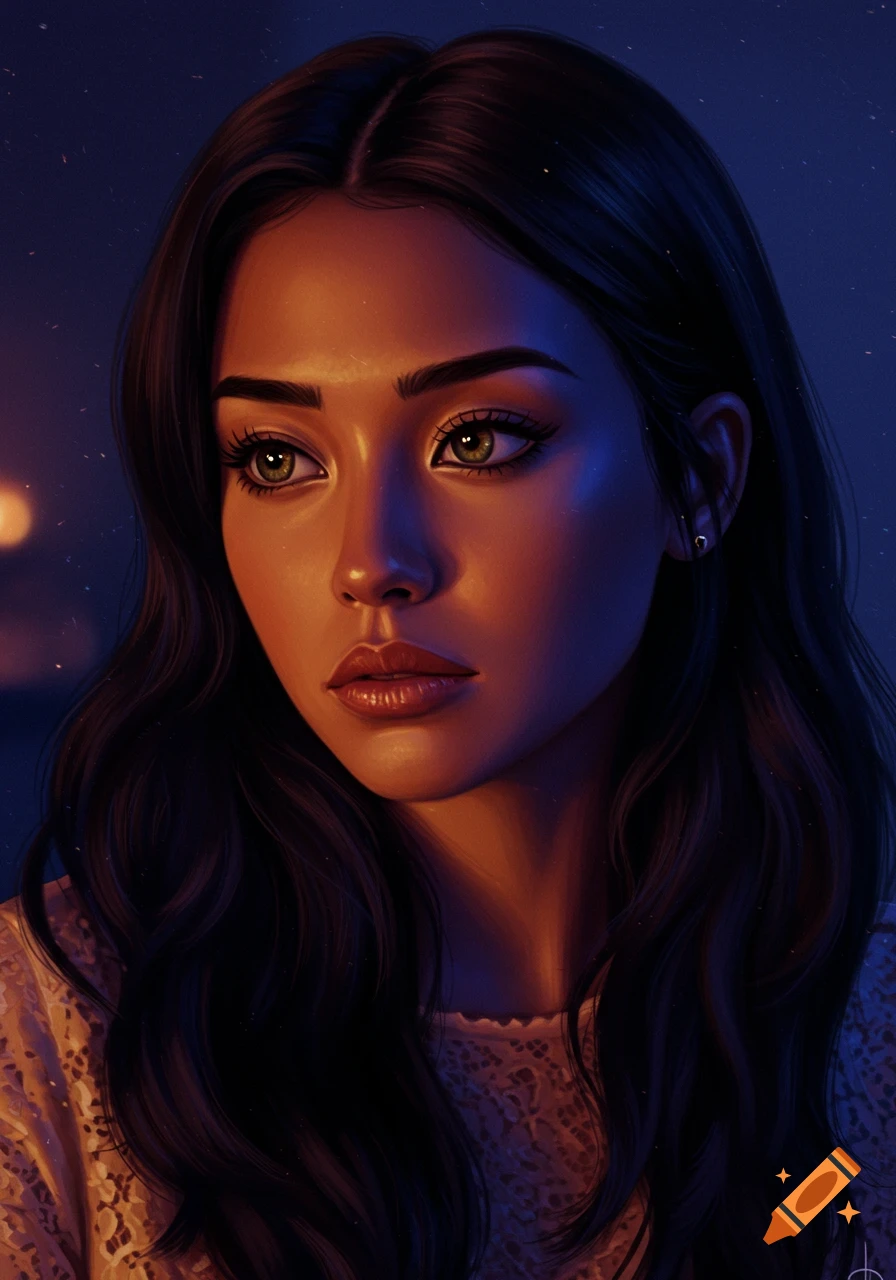 A beautiful digital painting of a young woman with long dark hair, green eyes, and striking orange and blue lighting on her face.