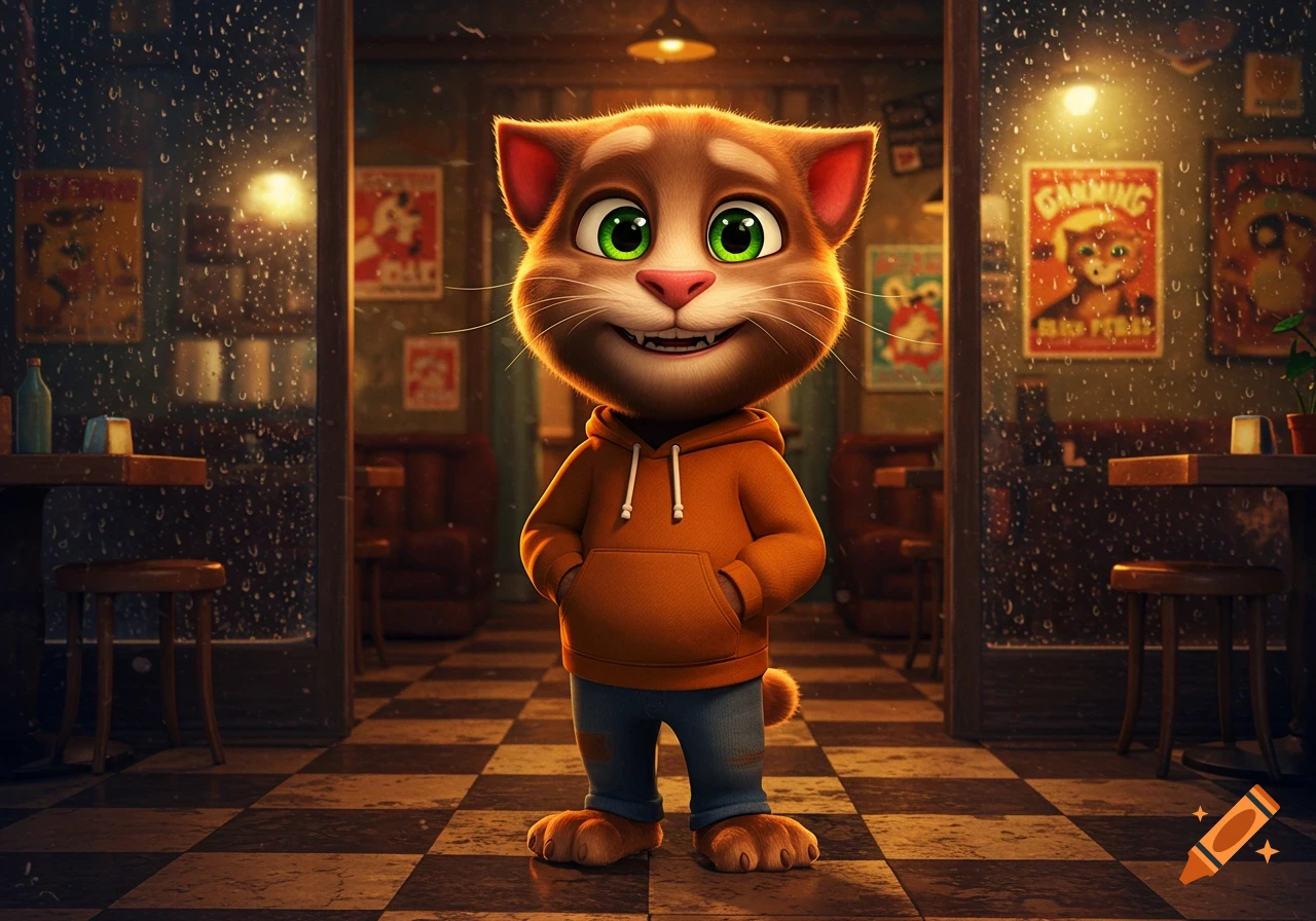 A cartoon orange cat resembling Talking Tom wears an orange hoodie and jeans, standing in a dimly lit cafe with rain outside.
