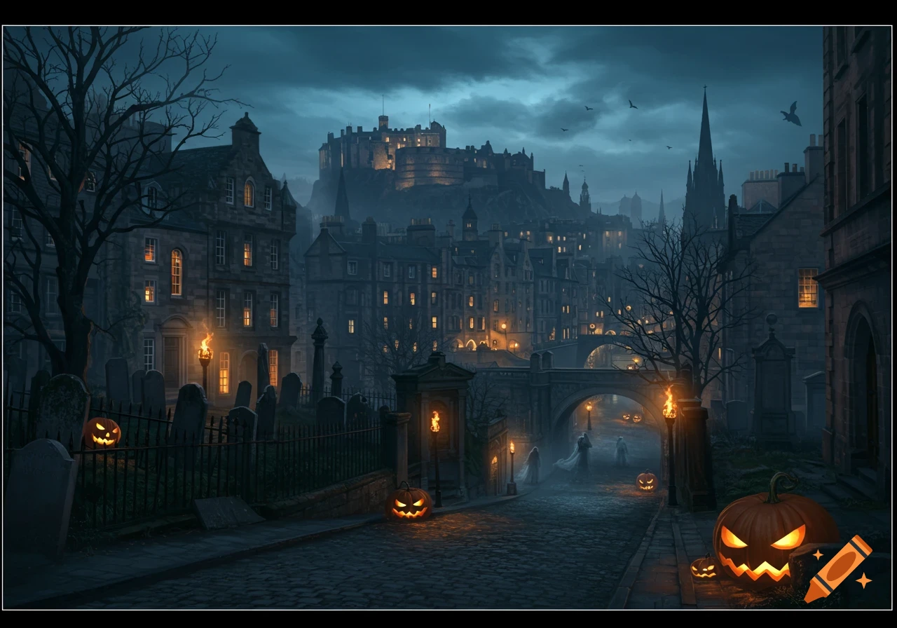 A dark, atmospheric Halloween night in Edinburgh with a castle overlooking a cobblestone street, old buildings, a cemetery, and glowing jack-o'-lanterns.