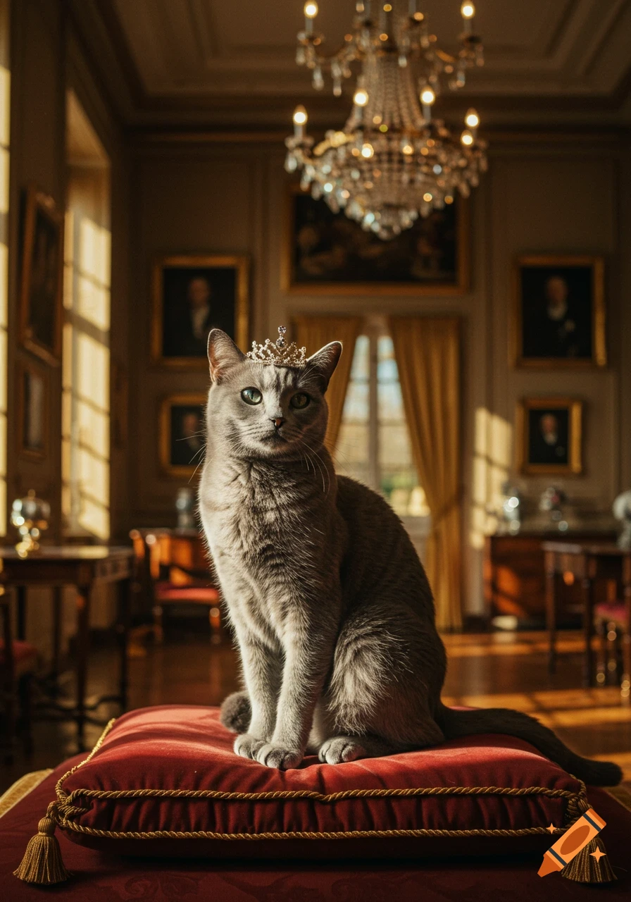 A majestic grey cat wearing a small jeweled crown sits on a red velvet cushion in a grand, sunlit room with chandeliers and paintings.