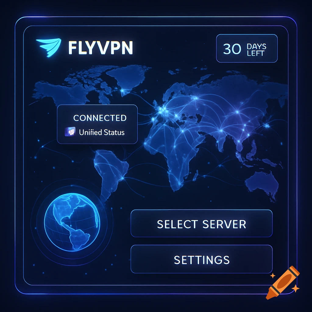 A glowing digital user interface for FLYVPN, featuring a world map with connected nodes, status, and control buttons.