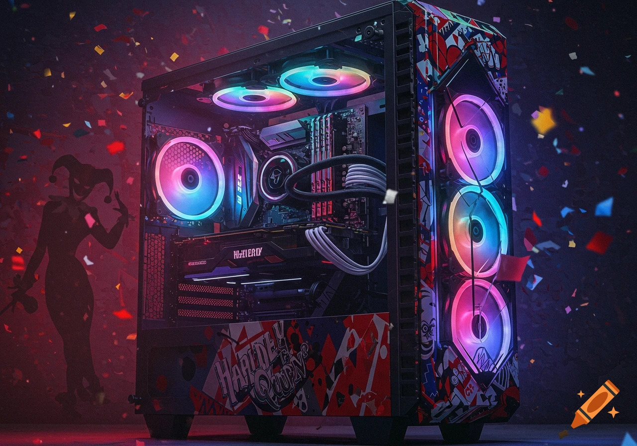 A custom gaming PC with vibrant RGB lighting and Harley Quinn themed decor, including a silhouette and stylized text, set against a dark background with confetti.