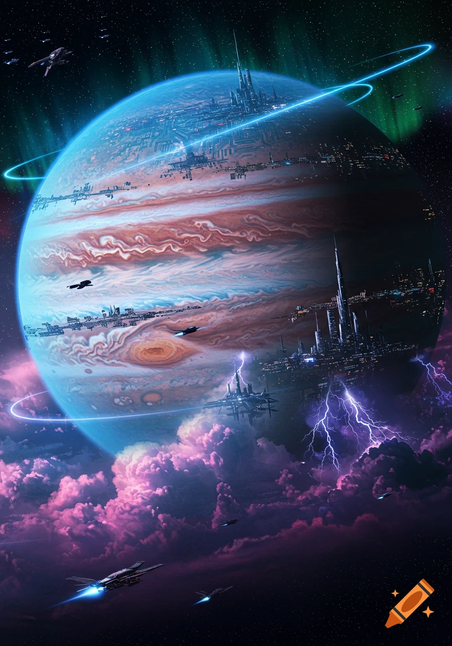 Vibrant sci-fi art of a ringed planet, Jupiter 2.0, with cities, spaceships, pink clouds, and lightning.