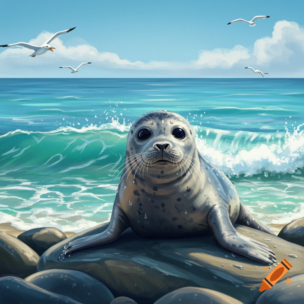 A cute spotted seal with large eyes sits on wet rocks at the edge of a turquoise ocean, with white seagulls flying in a bright blue sky above.