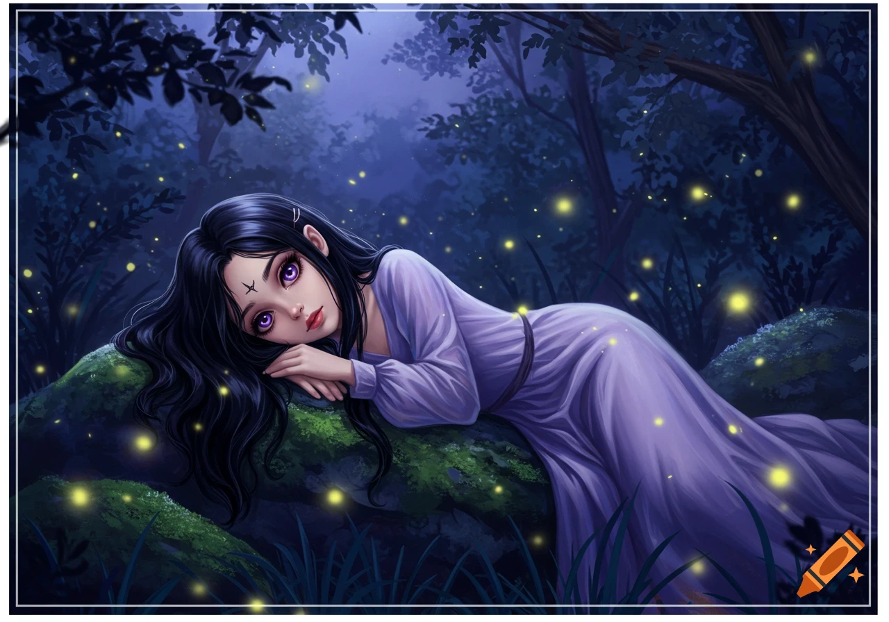 Stylized fantasy art of a dark-haired girl with purple eyes lying on moss in a firefly-lit forest at night.