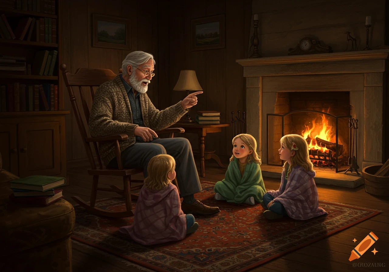 A grandfather tells a story to three children by a warm fireplace in a cozy, dimly lit room, photorealistic.