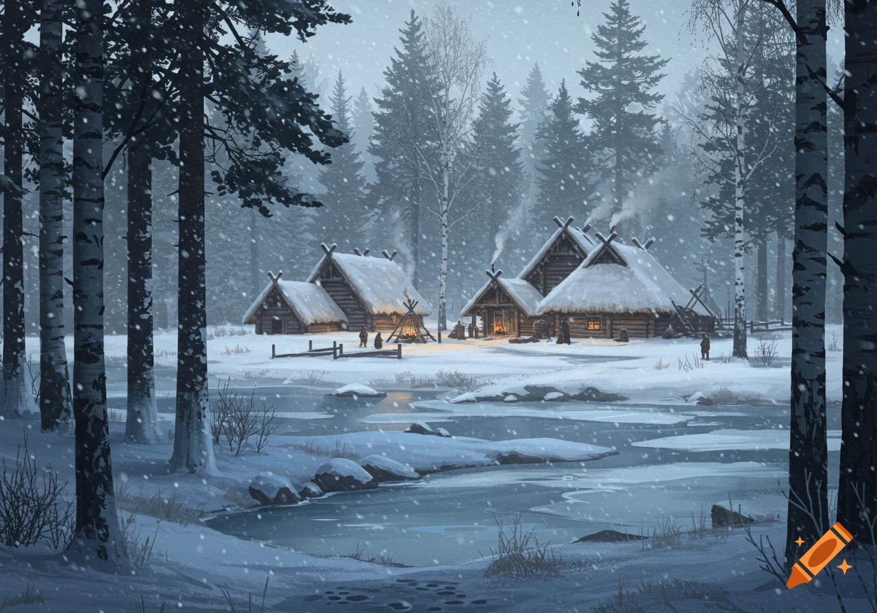 A snowy winter village with thatched-roof huts and a campfire by a frozen river, surrounded by a dense forest.