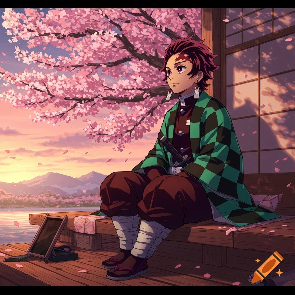 Anime character Tanjiro sits on a wooden porch under a cherry blossom tree, admiring a sunset view over a lake and mountains.