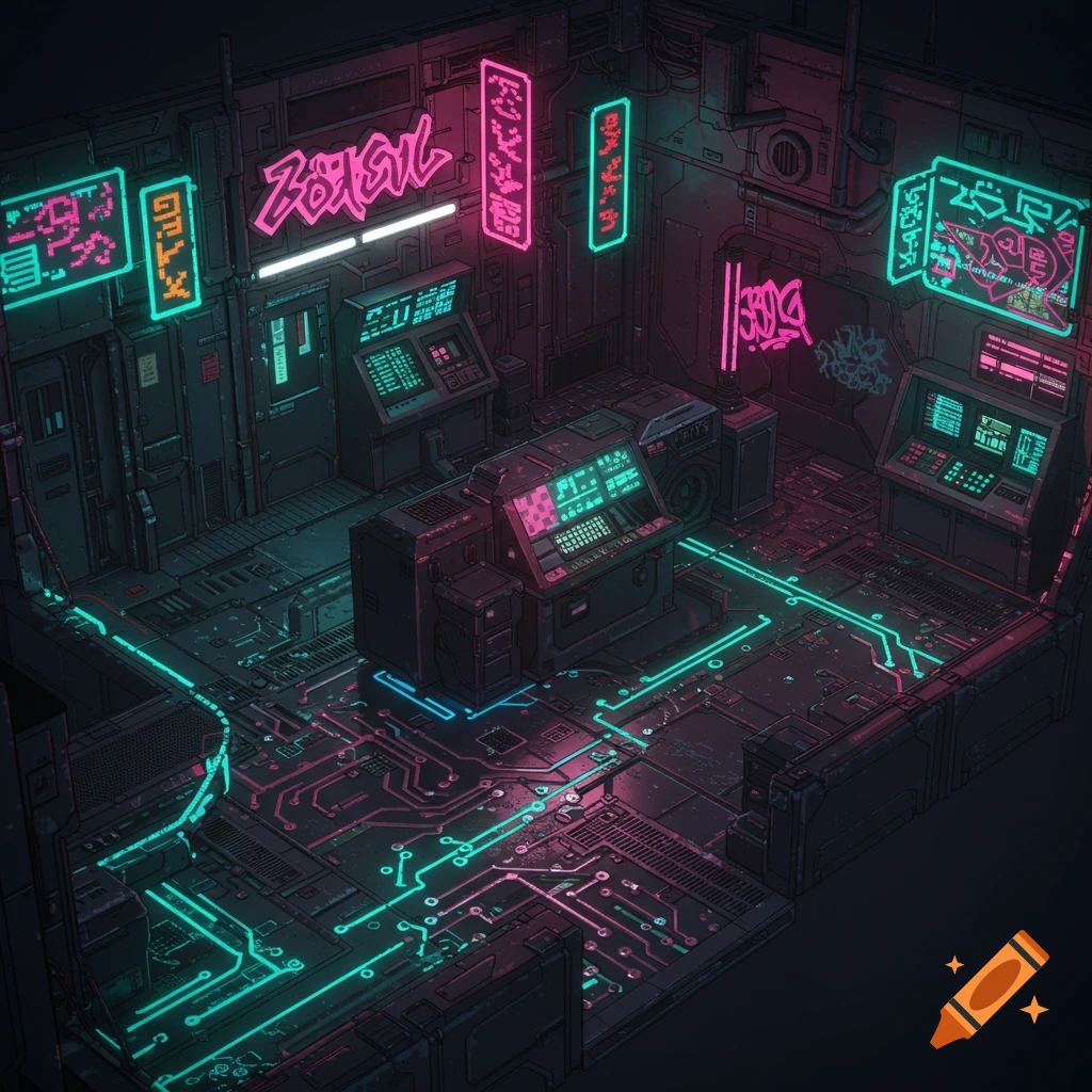 Isometric pixel art depiction of a cyberpunk room with neon signs, computer consoles, and glowing circuit patterns on the floor.