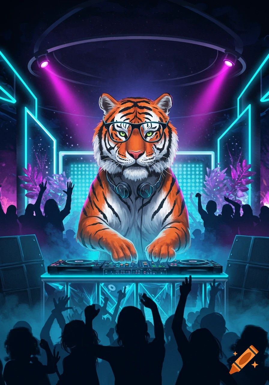 A cool tiger wearing glasses and headphones DJs at a vibrant, neon-lit club with a silhouetted crowd dancing.