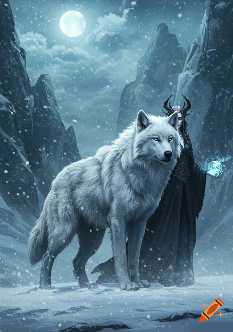 A large white wolf stands beside a dark-clad woman with horns holding a glowing orb in a snowy mountain landscape under a full moon, fantasy art.