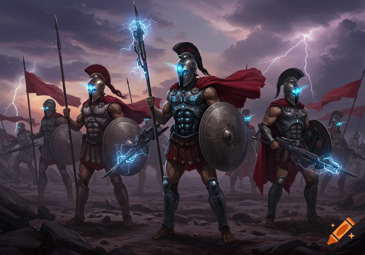 Digital art of futuristic Spartan warriors with glowing eyes and weapons, standing on a battlefield under a stormy sky with lightning.