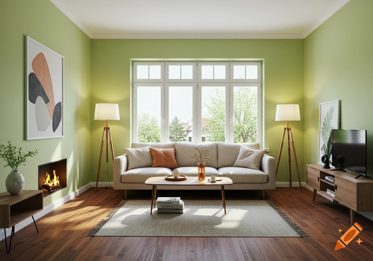 A modern living room with light green walls, a white sofa, two floor lamps, a fireplace, and a large window.