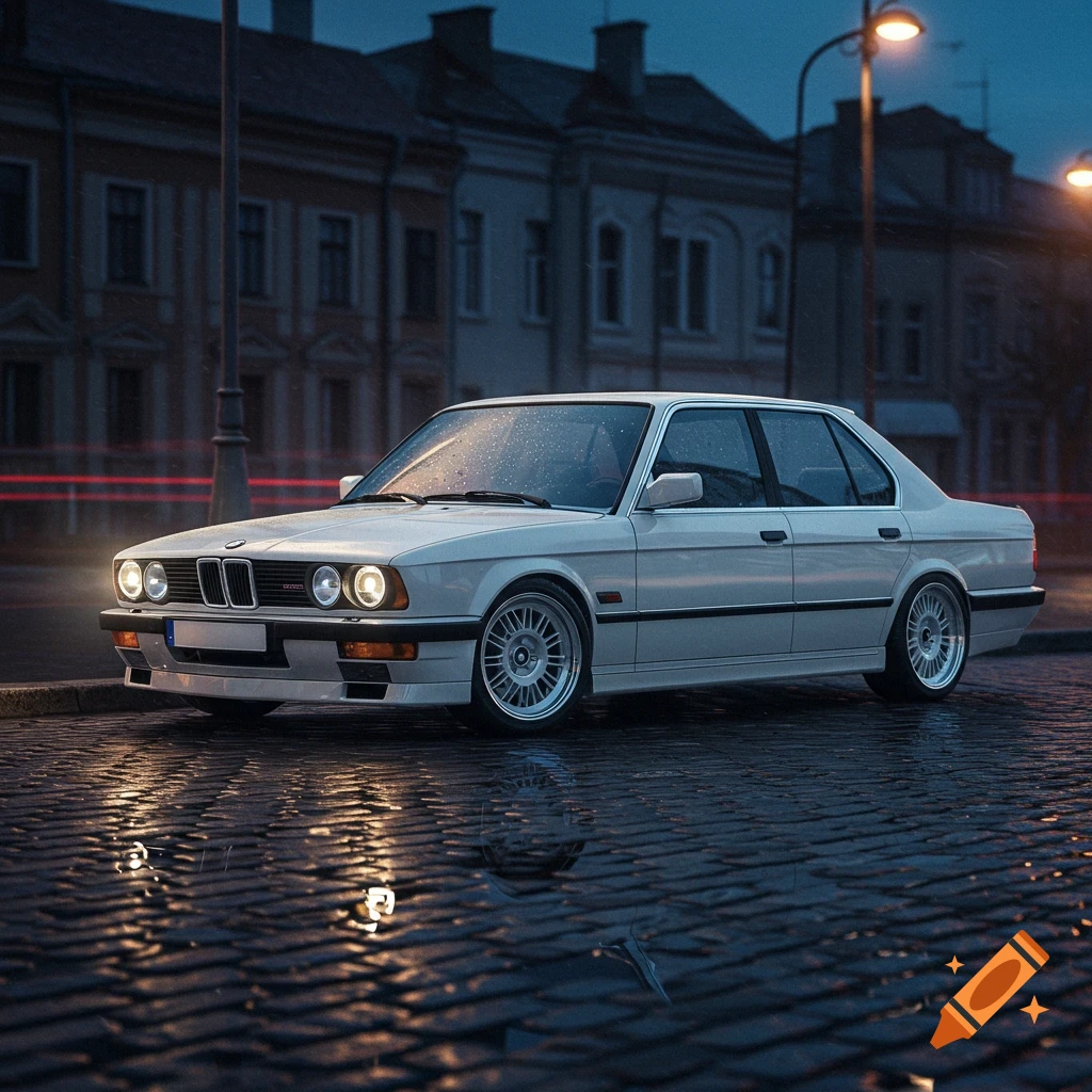 A white vintage BMW E34 sedan parked on a wet cobblestone street at night, with illuminated streetlights.