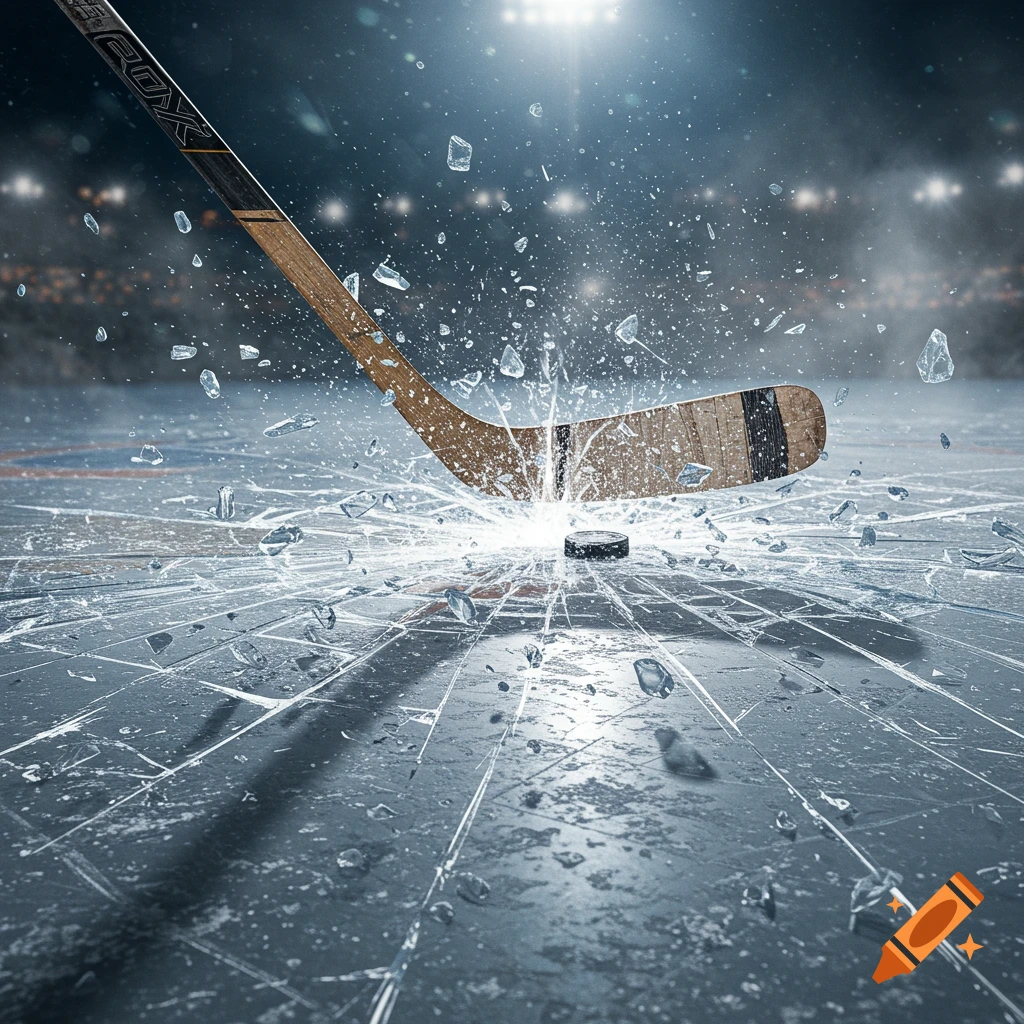 A hockey stick striking a puck, shattering ice into many shards on a dark rink under bright stadium lights. Photorealistic style.