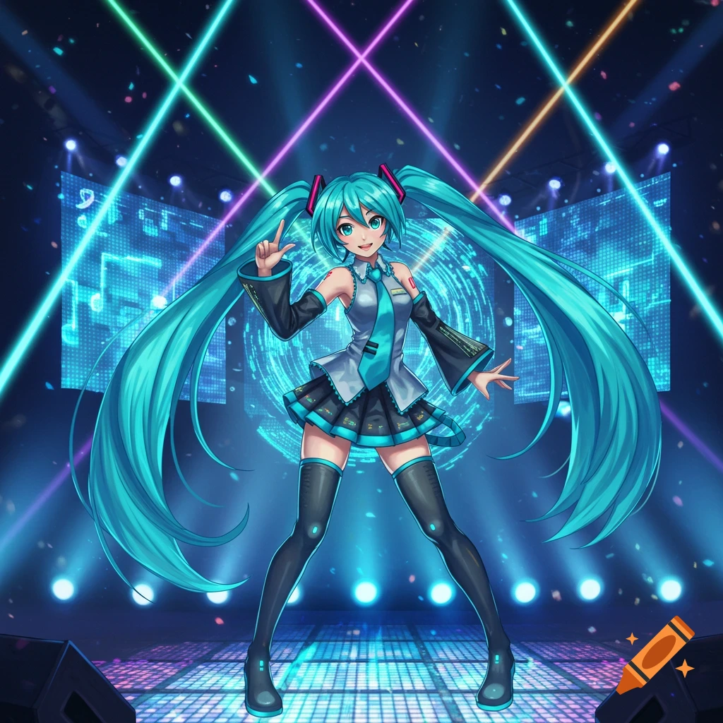 Anime-style Hatsune Miku performs on a futuristic stage with bright neon lights and digital screens.