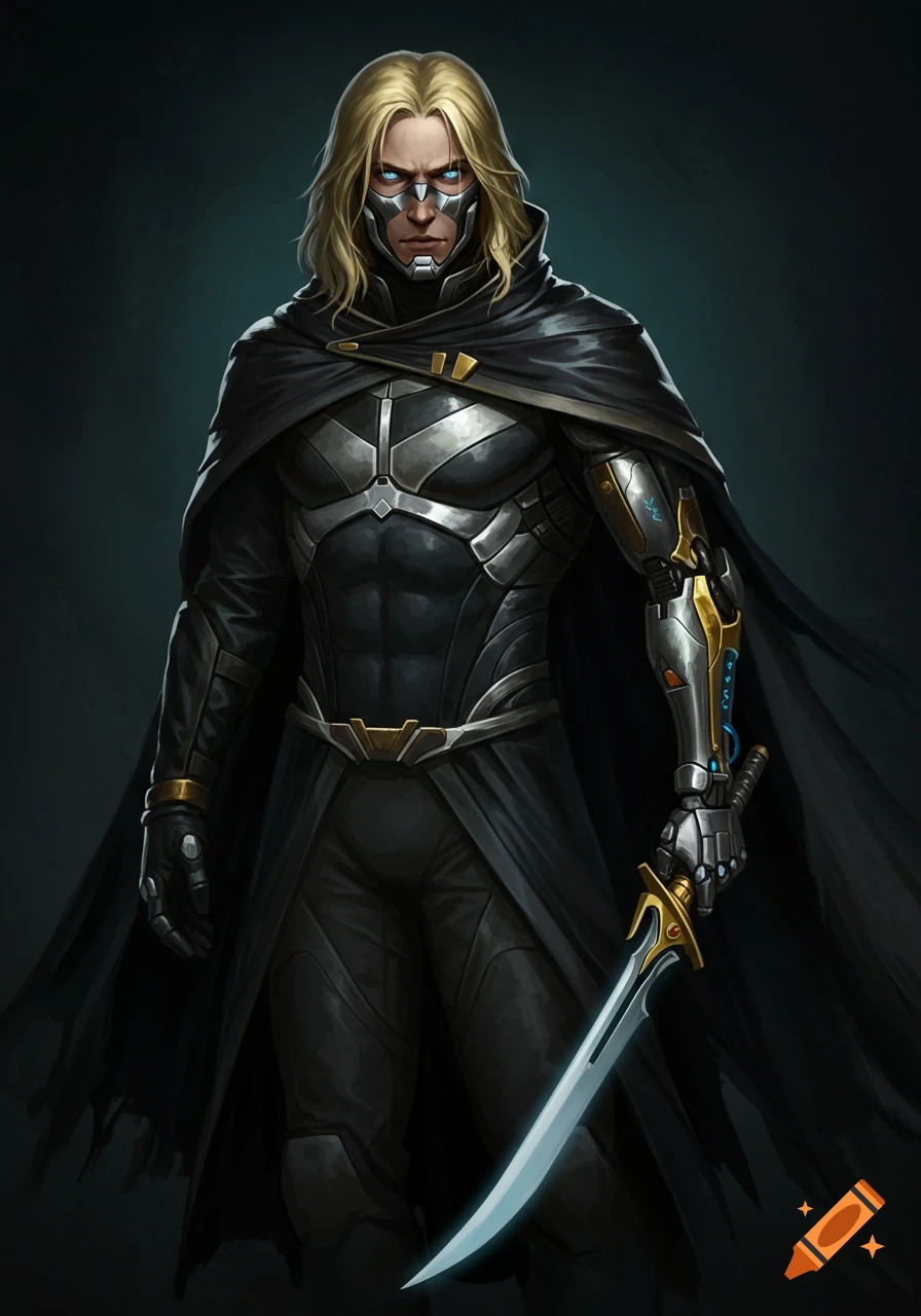 A blonde male character in a black and silver armored suit with a dark cape, partial mask, cybernetic arm, holding a glowing sword.