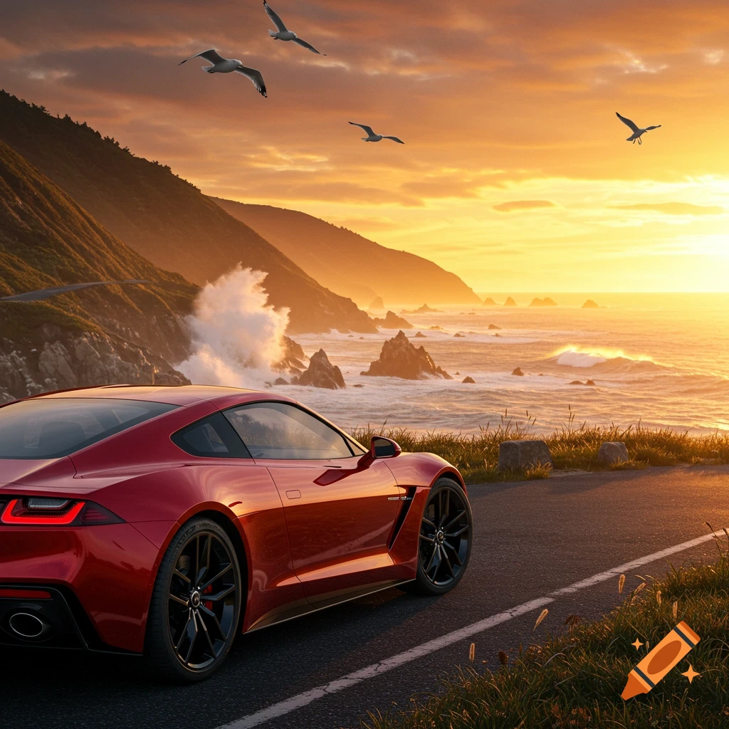 A red sports car parked on a coastal road at sunset, with mountains and ocean waves in the background.