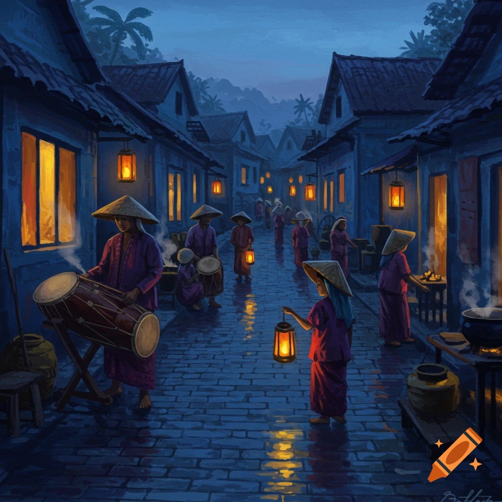 A vibrant painting of a bustling village street at night, illuminated by lanterns and warm light from houses. People in traditional attire carry lanterns, play drums, and cook along the cobblestone street.