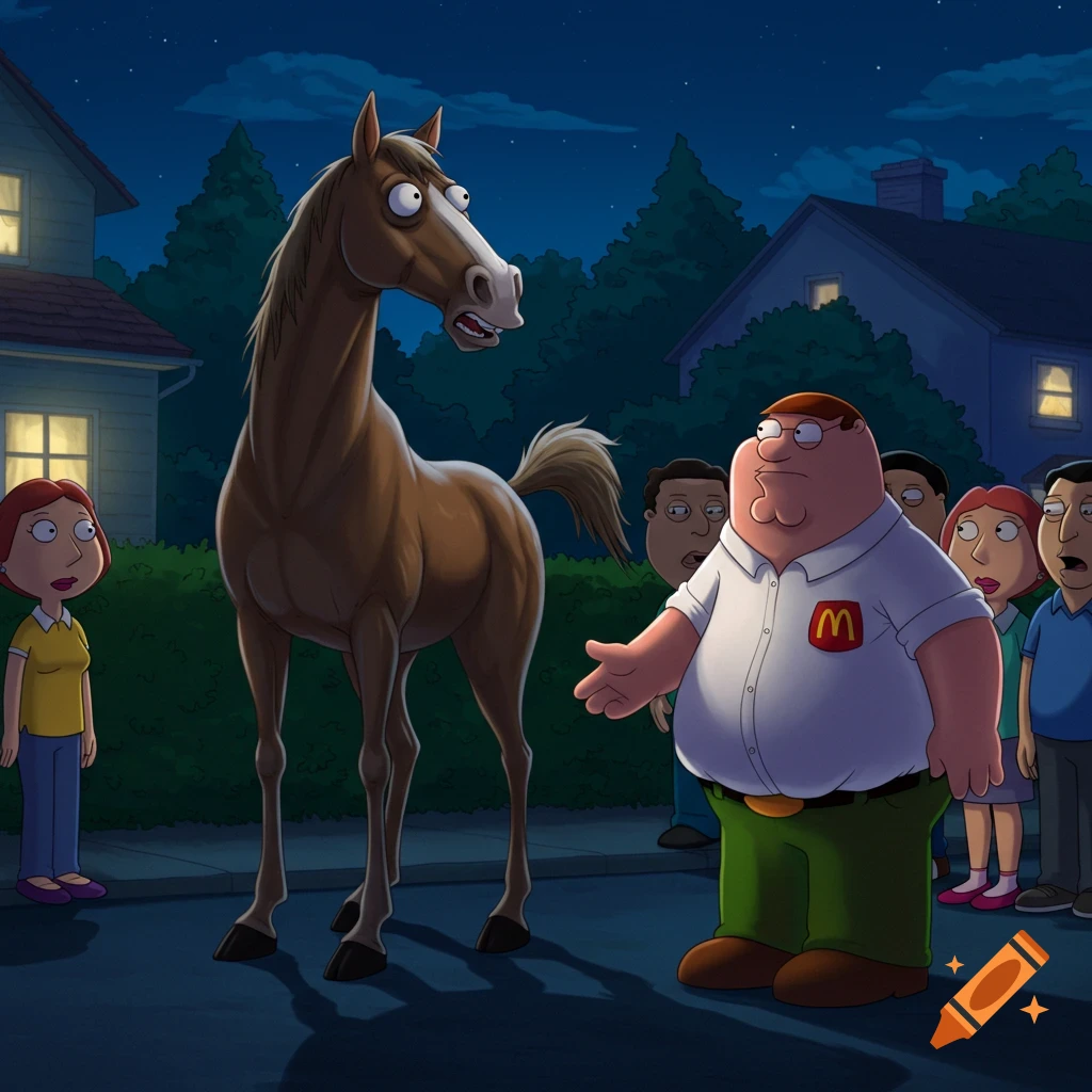 Peter Griffin in a McDonald's shirt gestures at a surprised horse, surrounded by other cartoon characters at night.