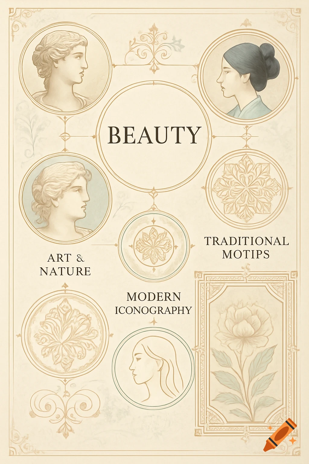 An infographic with classical busts, a modern woman's profile, and floral motifs centered around the word 'BEAUTY' on a parchment background.