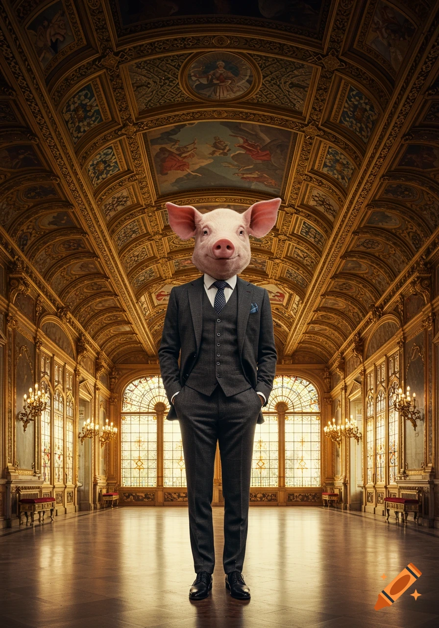 A pig's head on a man in a dark three-piece suit, standing formally in a grand, ornate golden ballroom.