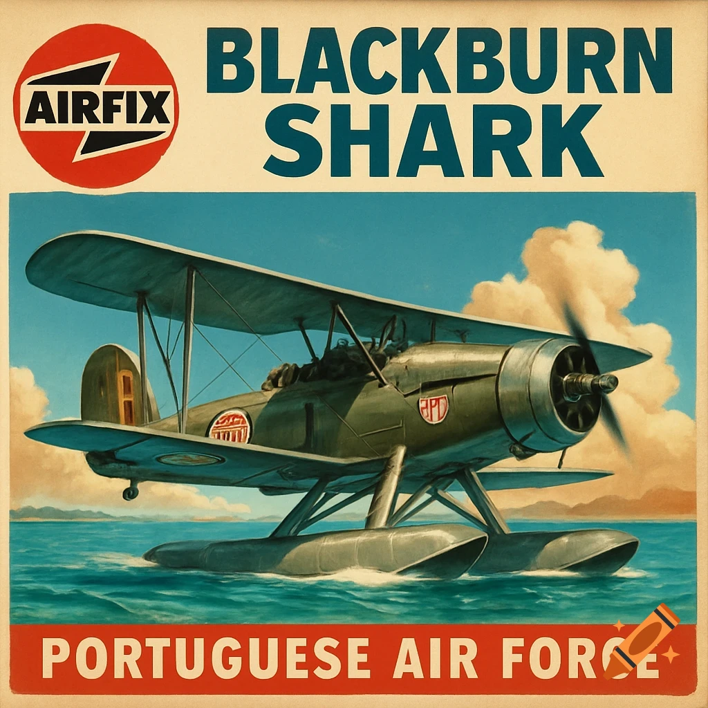 Vintage illustration of a green Blackburn Shark seaplane on water with Airfix branding and text 'BLACKBURN SHARK PORTUGUESE AIR FORCE'.