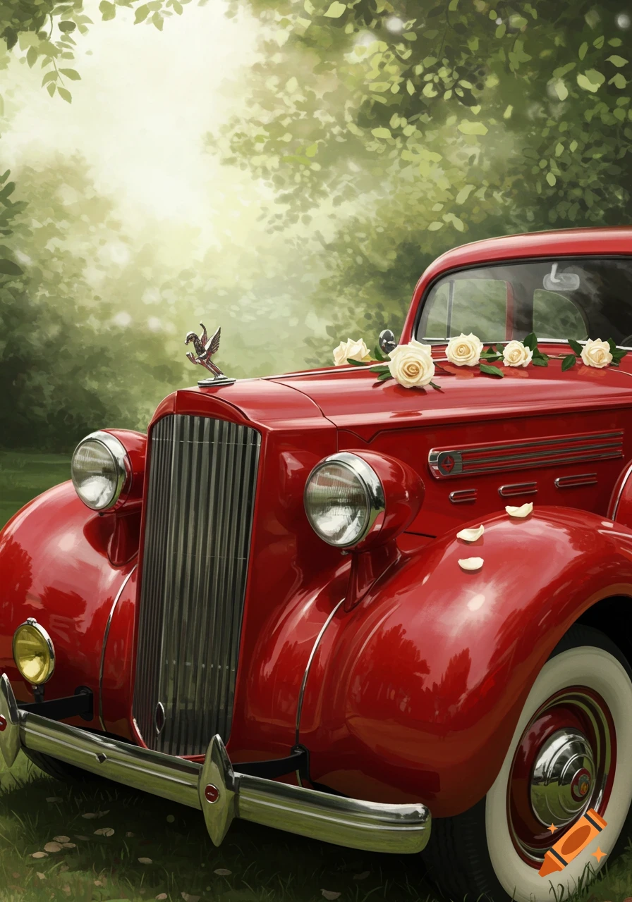 A gleaming red vintage Packard car with white roses on its hood and a bird ornament, parked outdoors amidst green foliage with soft light.