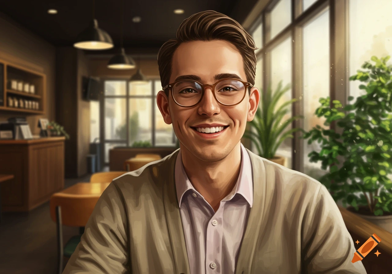 A friendly, smiling man with glasses and a cardigan looks directly at the viewer in a stylized cafe illustration.